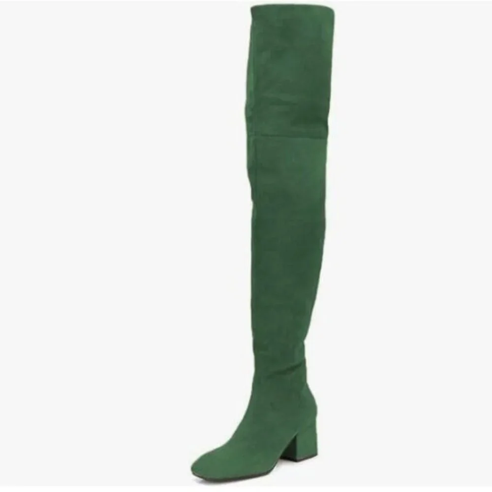 Green Suede Over The Knee Thigh High Boots Square Toe Block Low Heel Long Boot